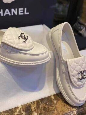 Chanel White Leather Logo Loafers